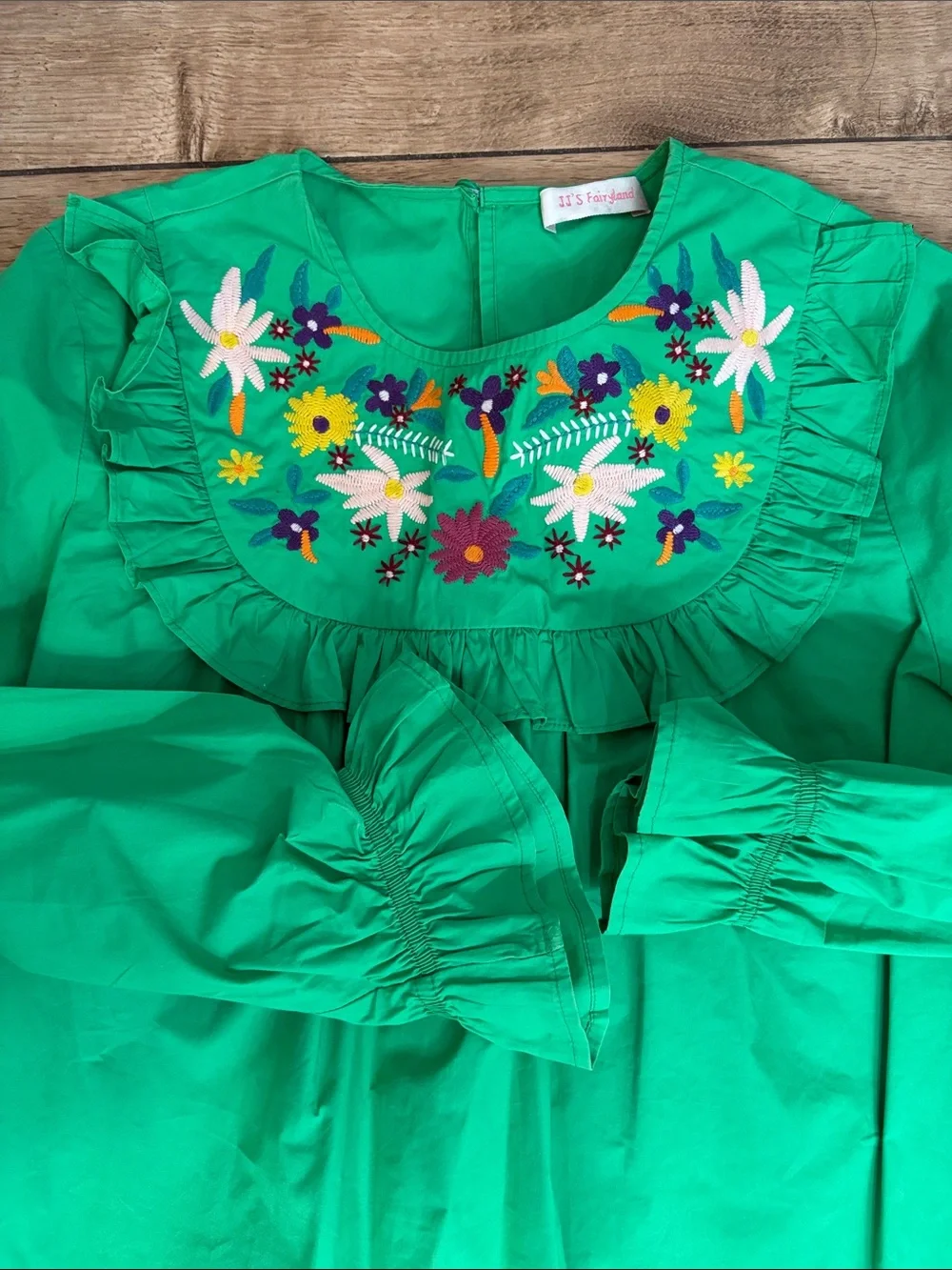 Embroidered Ruffle Yoke Blouse - Green - Picture 3 of 3